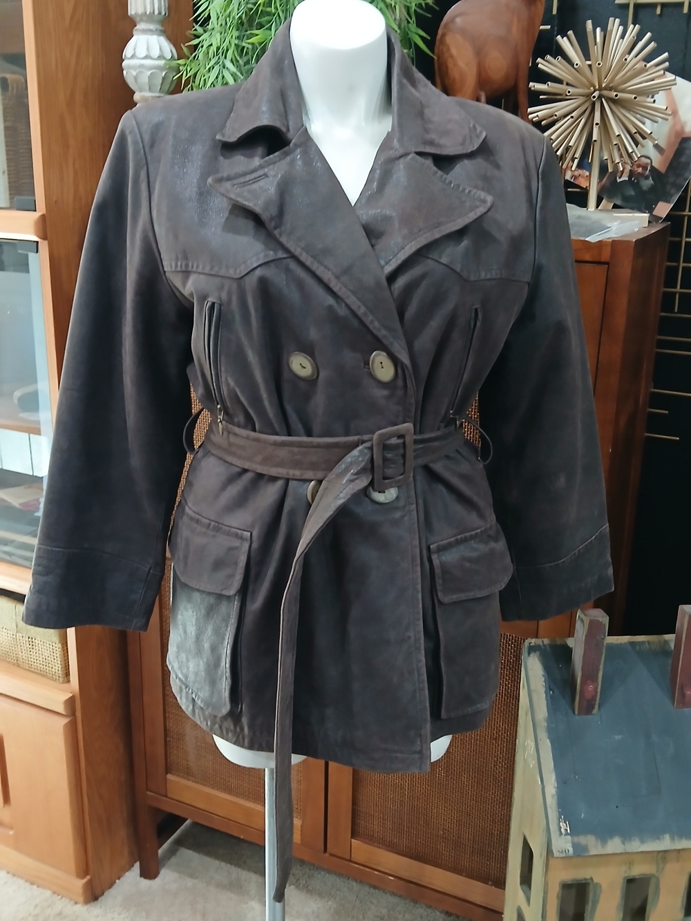 Women's Dark Brown Leather  Belted Trench Coat